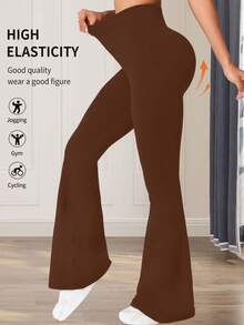 1件装女士高腰喇叭黑色打底裤，弹力修身休闲裤，适合舞蹈、瑜伽等运动。 - 棕色 - 查看 4