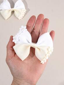 2pcs Flower Hair Bow Clips For Girls, Beige Bow Alligator Clips With Pearls, Elegant Hair Grosgrain Ribbon Barrettes, Toddler Girl Pigtail Hair Clips, Spring Birthday Wedding Gift, Kids Floral Hair Accessories. - Beige - View 5