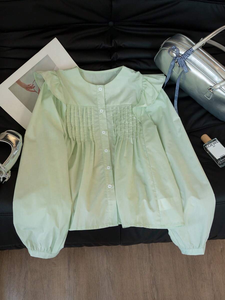 Damska elegancka bluzka z długim rękawem i falbaną w stylu francuskim, luźna plisowana bluzka z okrągłym dekoltem, wiosna/lato