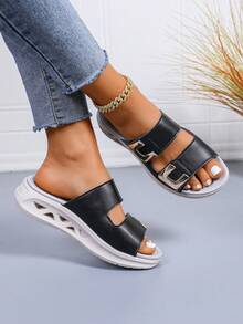 2025 New Summer Sports Sandals For Women - Lightweight Open-Toe Cushioned Shock-Absorbing, Hook And Loop Thick-Soled Casual Slippers, Beach Shoes Suitable For Spring/Summer Vacation, Bottom Hollow Design For Water - Black - View 2