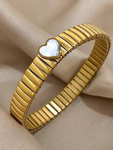 1 件心形爱心吊坠弹力手链 适合女士青少年女孩贝壳不锈钢手链 简约日常派对珠宝圣诞礼物 - 彩色 - 查看 9