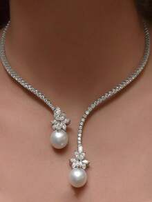 1 件华丽仿珍珠水钻装饰银色颈链婚礼新娘项圈首饰 - 金色 - 查看 1