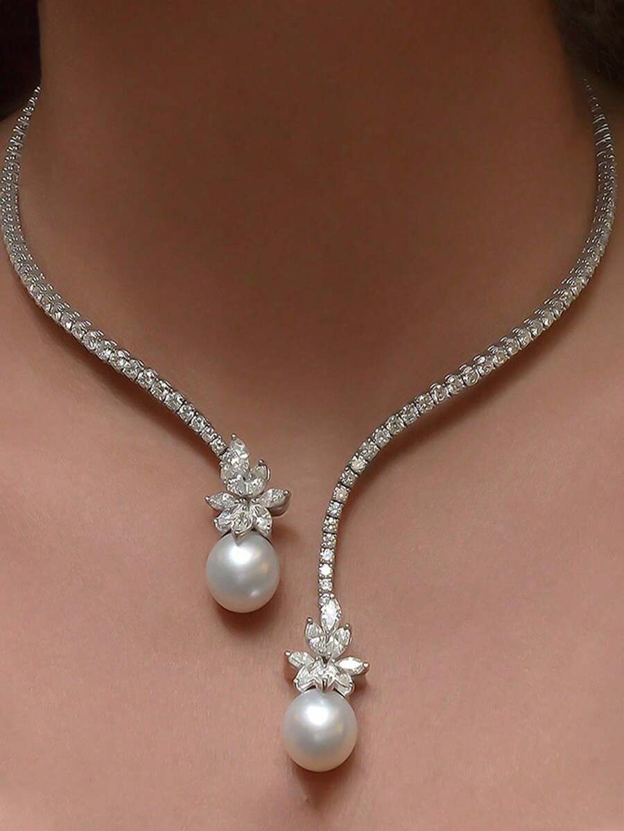 1 件华丽仿珍珠水钻装饰银色颈链婚礼新娘项圈首饰 - 金色 - 查看 1