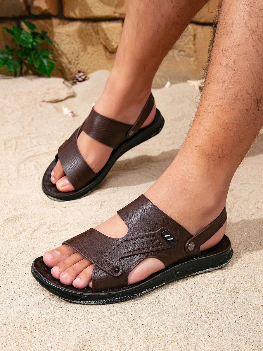 New British Style Men's Beach Shoes, Breathable Low-Top Patchwork Fashion Adjustable Heel Convertible Sandals, Outdoor Sports Casual Holiday Beach Camping Versatile Sandals - Rust Brown - View 1
