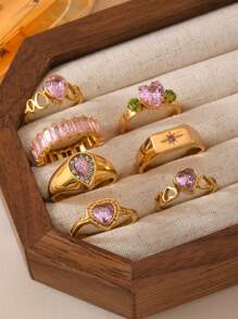 4/6/7 Pieces Fashionable French Delicate Stainless Steel Ring Set For Women With Pink Gemstone Jewellery Suitable For Women's Daily Matching Use Holiday Dating Gift Wedding Engagement Ring Jewellery