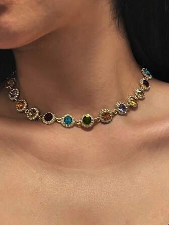 1pc Colorful Round Zirconia Necklace, Delicate Versatile Choker Necklace