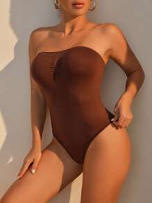1 Piece Strapless Seamless Shapewear Bodysuit For Women, High Compression Tummy Control Body Shaper, Elegant Off-Shoulder Slimming Jumpsuit With Pleated Front & Non-Slip Design, Full Cup Lightweight For Wedding/Party/Vacation, Polyamide Elastane Knit