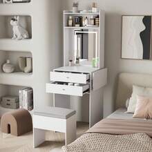 Vanity Table With 3 Adjustable Lighted Mirrors, Vanity Set For Small Spaces, Dressing Table With Folding Panel For Bedroom - White - View 5