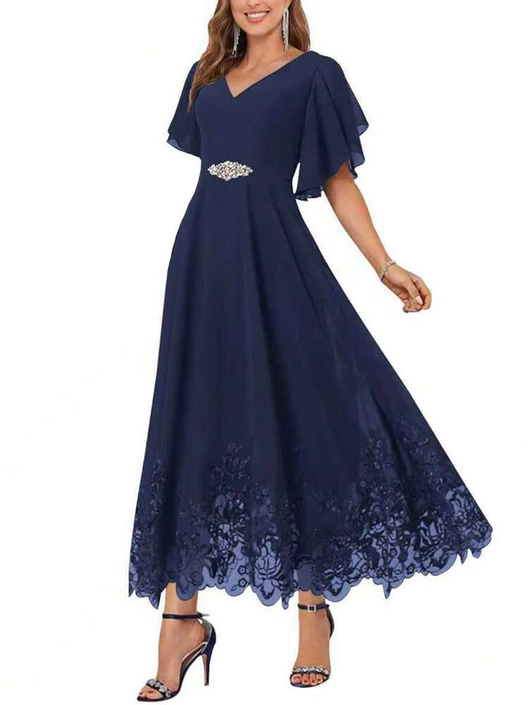 派对鸡尾酒会礼服、婚礼宾客礼服、舞会礼服、伴娘礼服、生日礼服、新娘/新郎母亲礼服、返校礼服 - 藏蓝色 - 查看 2