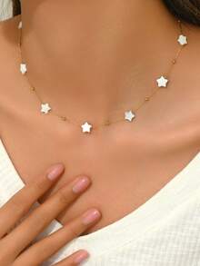 VceTd 1pc Stainless Steel Star Shaped Beaded Necklace, Cute Style Suitable For Dating Or Valentine's Day Gift For Your Loved One - Yellow Gold - View 10