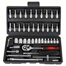Set completo di 46 strumenti per meccanici - Bussole lunghe e corte da 1/4", 3/8", 1/2", set di chiavi a cricchetto, bussole in acciaio S2 e cromo-vanadio, set da meccanico per auto e uso domestico, incluse chiavi combinate, accessori e cassetta portautensili