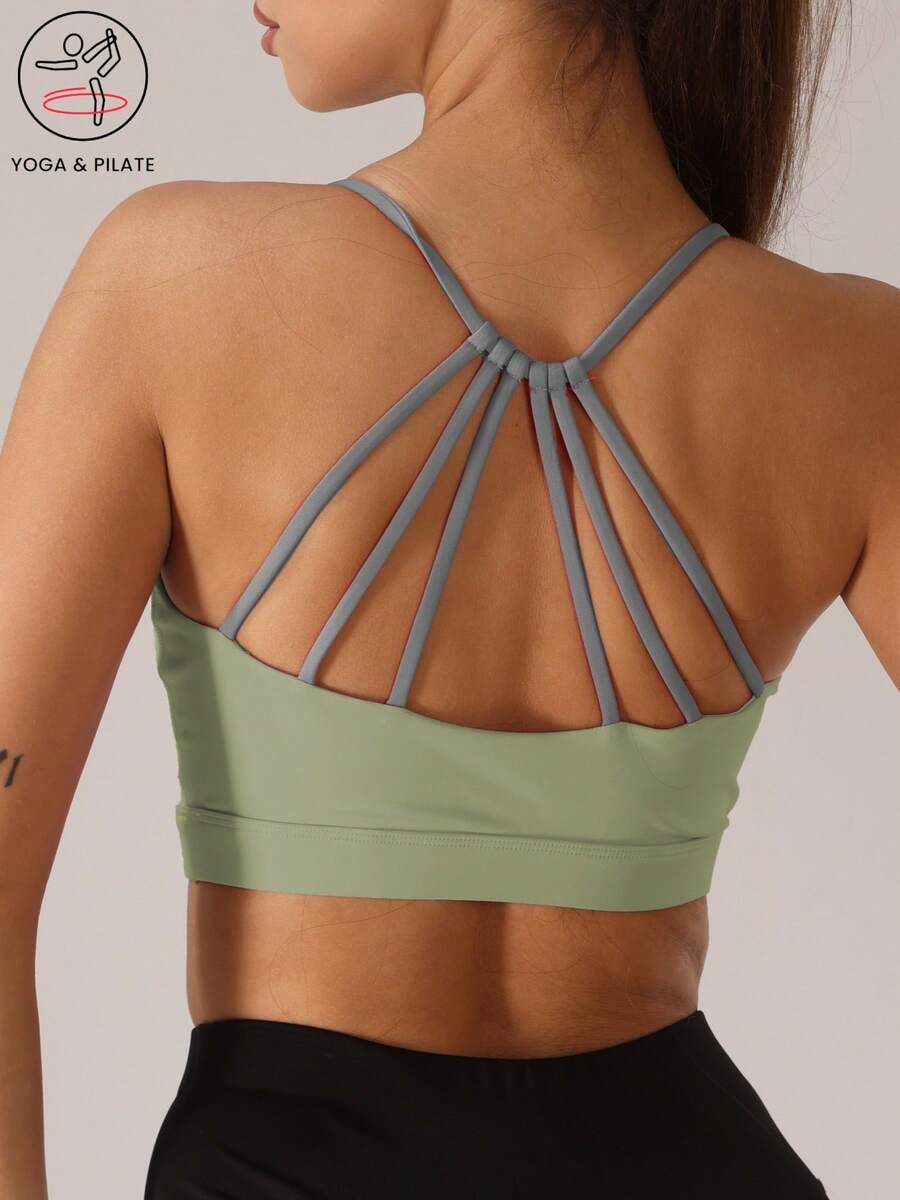 1件装女士六根细带扇形吊带支撑瑜伽运动文胸，轻薄衬垫无钢圈无缝夏季运动文胸 - 綠色 - 查看 1