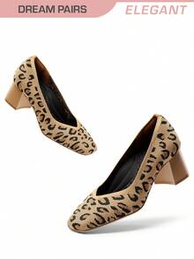 Women's Square Toe Chunky Heels Pumps Comfortable Knitted Closed Toe Fashionable Elegant Casual Holiday Work Dress Shoes LEOPARD - Nhiều màu - Xem 1