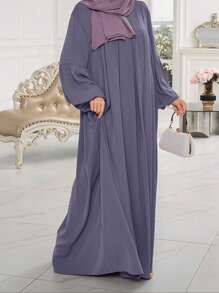 1pc Solid Color Robe Abaya Robe With Ruched Chest And Sleeves, Fashion Versatile, Suitable For Casual, Leisure, Prayer