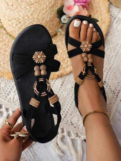 Women's Flat Open Toe Sandals, Black Daisy Beaded Decor, Suitable For Beach, Vacation, Casual Wear, Graduation Season