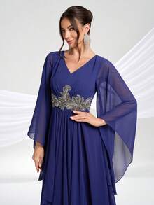 YISIKADO 女士 V 领优雅贴花雪纺荷叶边下摆派对长裙