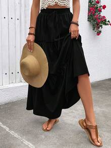 女式黑色长裙弹性腰部荷叶边分层夏季波西米亚长裙带口袋 - 黑色 - 查看 5