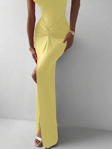 女士 2 件优雅奶油黄色修身高弹情人节短袖紧身衣，带荷叶边松紧腰长裙，适合春夏约会 - 淺黃色 - 查看 7