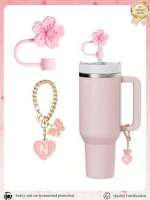 2pcs/Set Accessories For 30-40oz Cups, Pink Letter Cup Marker And Silicone Fuchsia Flower Straw Lid, Silicone Anti-Slip Protective Cover, Reusable 10mm Thick Straw Lid, Cute Letter Decor Fits Modern Minimalist Glass Cups, Back To School Supplies