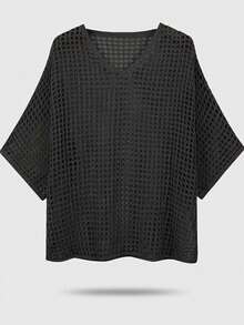 Plus Size Solid Color Hollow Out V-Neck Casual Knit Cover Up Sweater