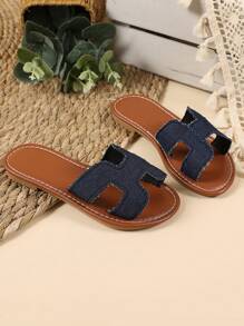 1 Pair Plus Size Toddler/Little Girls' Blue Denim Roman Sandals, Slip-On Round Toe Flat Non-Slip Casual Comfort Home Slippers, Suitable For 3-12 Years Old Boys & Girls, Spring/Summer New Arrival
