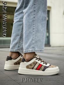 男士时尚撞色字母图案系带前平底设计休闲运动鞋，百搭户外舒适低帮运动/训练鞋 - 米棕 - 查看 5