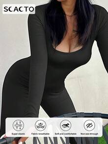 Scacto 2pcs Women Skinny JumpsuitSolid Color Ribbed Knit Long SleeveSquare Neck Bodycon JumpsuitRomper Work Out Sport Yoga Playsuits - 黑白 - 查看 2