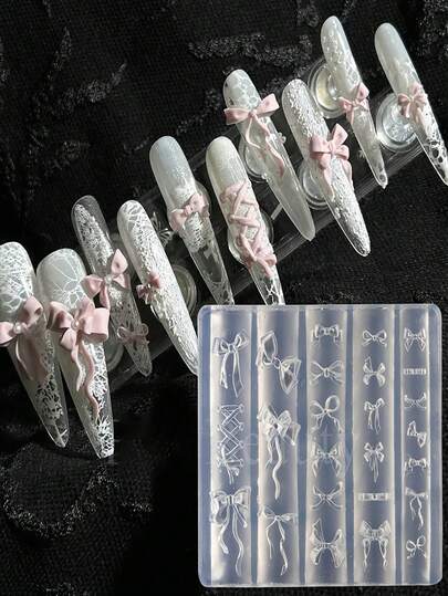 1PC 25 Kinds Of Bow Style Nail Silicone Mold Sweet Ballet Style Cute Elegant Bow Large Three-Dimensional Soft Silicone Carved Mold,Nail Supplies,Nail Tools,Nail Art Tools,Back To School,Nails,Nail Tools For Press On Nails