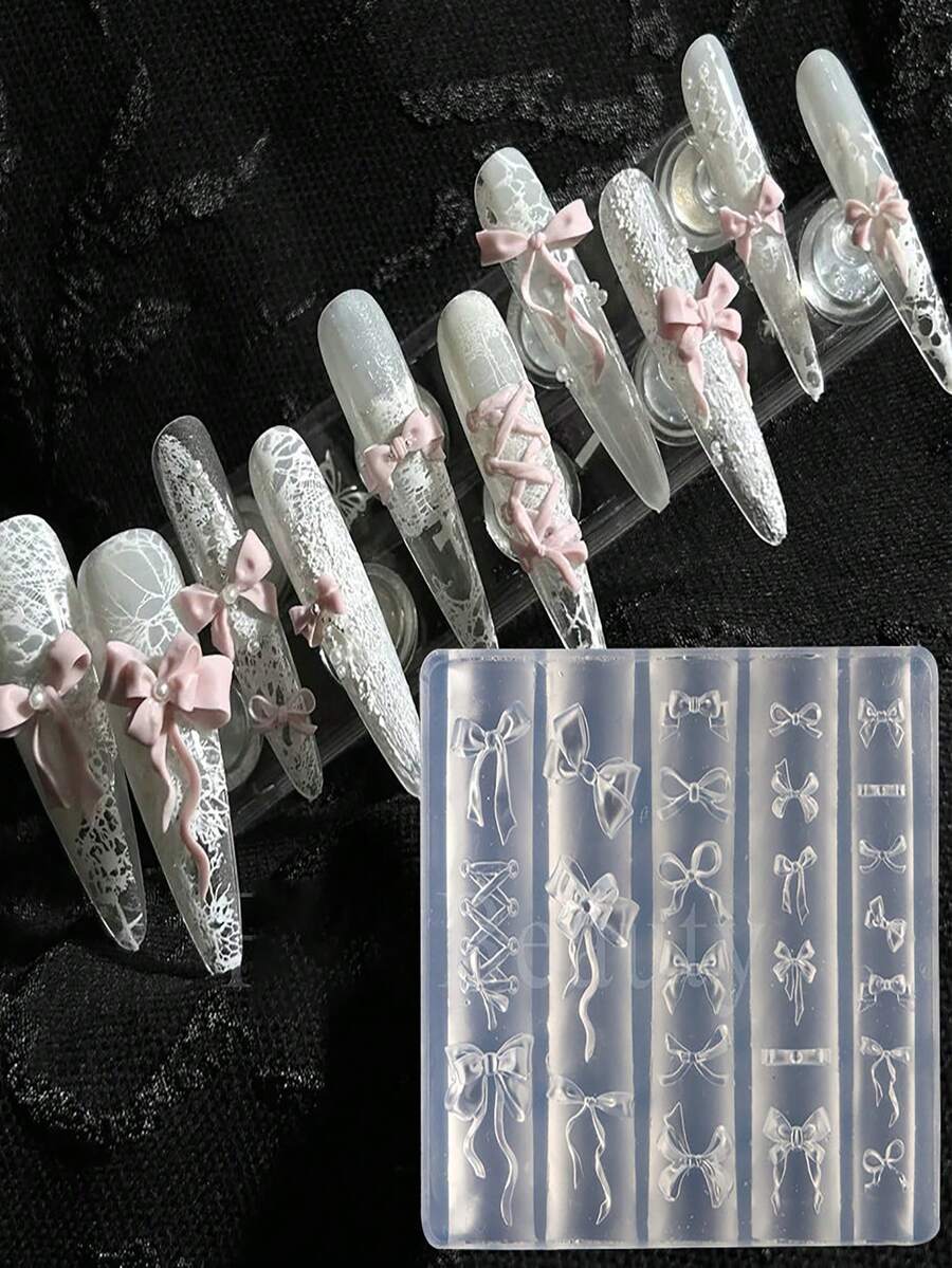 1PC 25 Kinds Of Bow Style Nail Silicone Mold Sweet Ballet Style Cute Elegant Bow Large Three-Dimensional Soft Silicone Carved Mold,Nail Supplies,Nail Tools,Nail Art Tools,Back To School,Nails,Nail Tools For Press On Nails - Clear - View 1