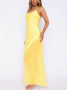 Sexy & Elegant Fitted Satin & Mesh Patchwork Slip Dress, Party Dress, For Cocktail - Yellow - View 6