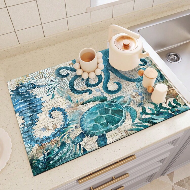 1 pieza Alfombrilla secadora de platos absorbente y de secado rápido con diseño de animales marinos, almohadilla decorativa para encimera con respaldo de goma suave, escurreplatos de silicona resistente para el hogar, cocina, comedor, mesa exterior, artículos para el hogar, regalo festivo, decoración de fiestas - Multicolor - Añade 3