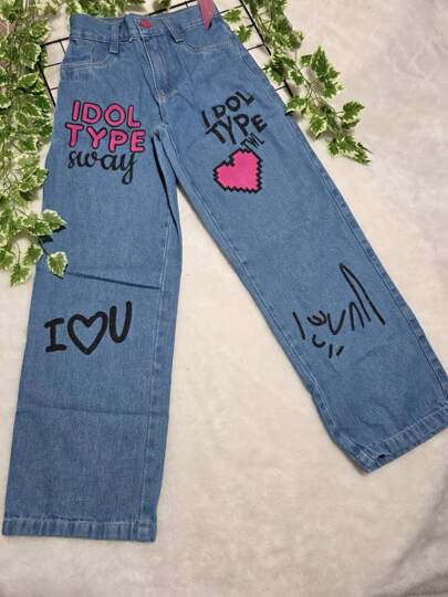 Flor de Lis - Calça Jeans Infantil Feminina Estampada com Frases e Coração Moderna e Estilosa