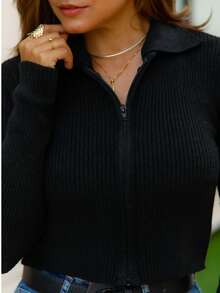 Knitted Cropped Cardigan Jacket With Ribbed Fashion Zipper - Black - View 4