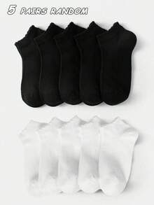 5 Pairs Kids' Solid Color Breathable Lace Trim Ankle Socks, Classic Style, Skin-Friendly Soft Comfortable, Casual Sports, Versatile, Odor-Resistant, Suitable For Daily Wear, Holidays, Back To School