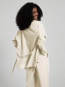 Women's Solid Color Casual Kimono Style Belted Cardigan And Pants Two Pieces Set - Beige - View 1