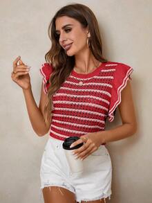 Women's Crochet Knit Striped Sweater Vest, Lightweight Round Neck Ruffle Trim Short Sleeve Top Summer - Multicolor - View 4