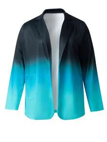 HOMEYEE Plus Size Ombre Print & Tie-Dye Pocket Retro Casual Resort Business Long Sleeve Blazer - Blue - View 3
