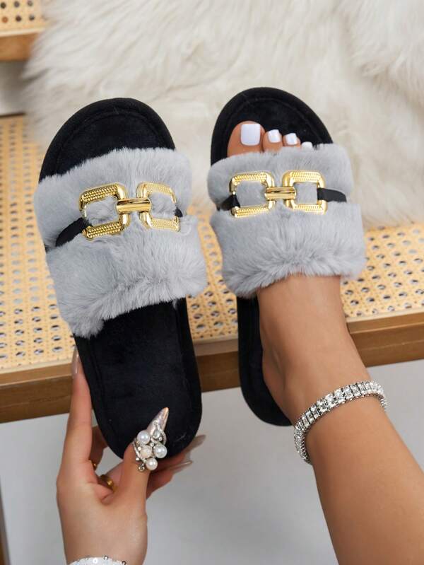 Women's Chic Metal Buckle Decor Non-Slip Rubber Sole Slippers, Casual Fashionable Gray Fluffy Plush Flat House Slippers For Summer