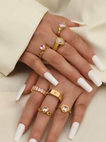 4/6/7 Pieces Fashionable French Delicate Stainless Steel Ring Set For Women With Pink Gemstone Jewellery Suitable For Women's Daily Matching Use Holiday Dating Gift Wedding Engagement Ring Jewellery