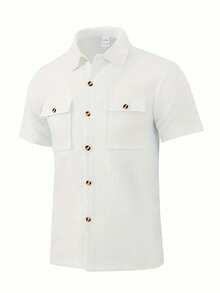 Men's Casual Waffle Snap Button Short Sleeve Shirt - White - View 3