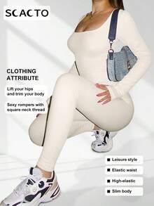 Scacto 2pcs Women Skinny JumpsuitSolid Color Ribbed Knit Long SleeveSquare Neck Bodycon JumpsuitRomper Work Out Sport Yoga Playsuits - 黑白 - 查看 4