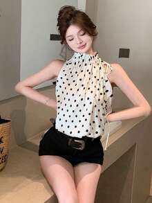 女士时尚黑色圆点缎面抽绳宽松束腰上衣