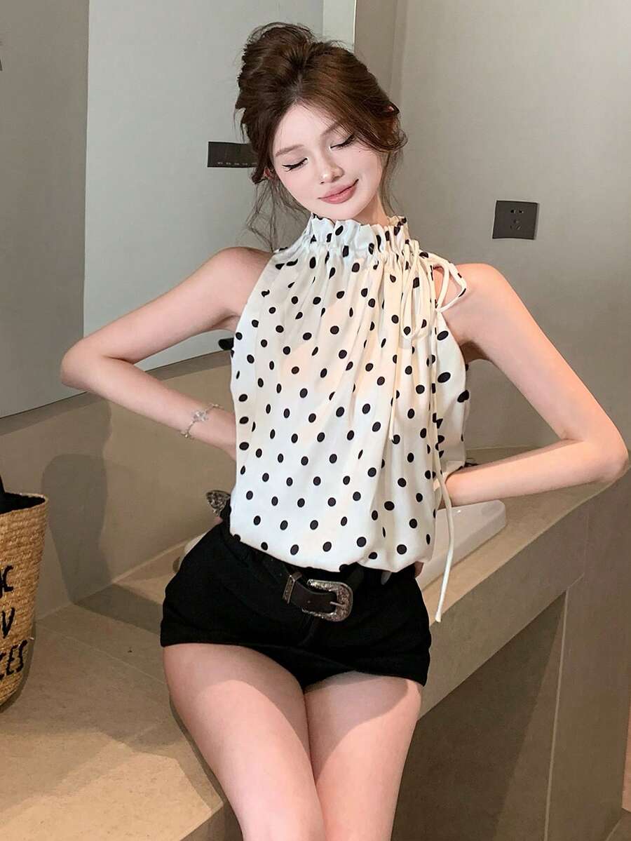 Yorily 女士时尚黑色波点缎面抽绳宽松上衣休闲白色夏季 - 白色 - 查看 1