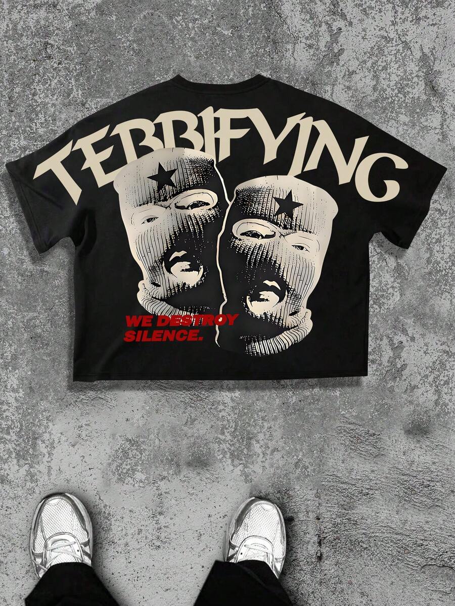 男士宽松休闲字母印花短袖T恤，轻薄透气，夏季 - 黑色 - 查看 1