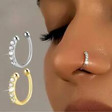 2 peças elegantes e luxuosas de cobre em forma de U com diamantes falsos, piercing de nariz falso multifuncional, adequado para mulheres, para uso diário e festivo, adequado para o Ramadã, acessório para todas as estações