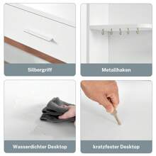 Schminktisch mit Spiegel und Beleuchtung, Schminktisch mit 4 Schubladen, 4 offenen Regalen, 5 Schmuckhaken für Schlafzimmer, Weiß