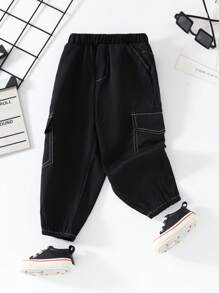 Baby Boys' Casual Sports Cargo Pants, Fashion Color Block Striped Drawstring Waist Trousers, Multi-Pocket Solid Color Anti Mosquito Pants, All Seasons