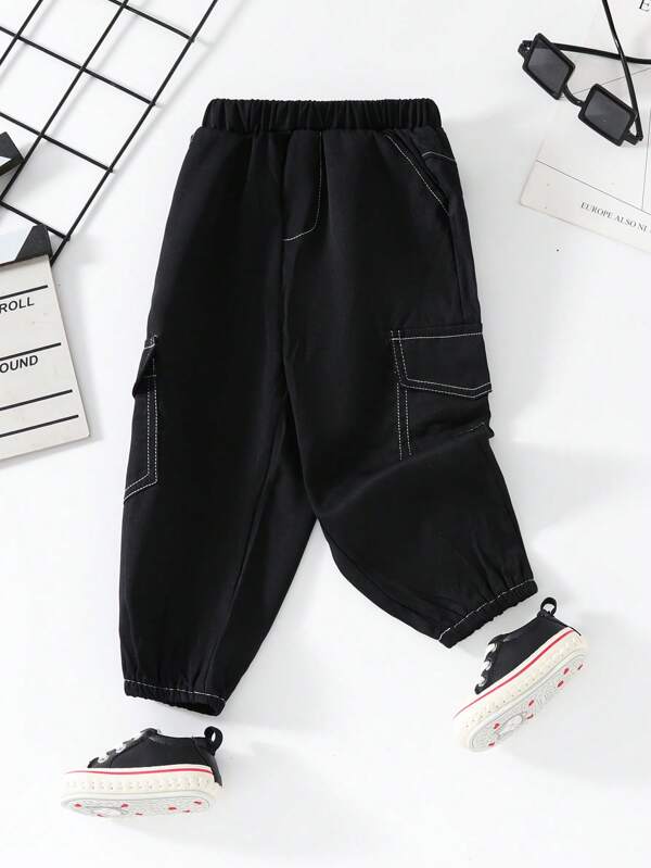 Baby Boys' Casual Sports Cargo Pants, Fashion Color Block Striped Drawstring Waist Trousers, Multi-Pocket Solid Color Anti Mosquito Pants, All Seasons