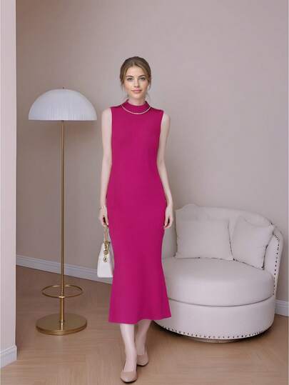 Vestido diario sencillo para mujer de unicolor sin mangas,Vestido ajustado unicolor de cuello alto,Vestido ajustado de punto de cuello alto liso