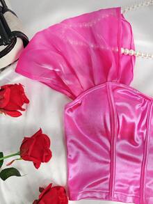 1pc Pink Sexy Backless Spaghetti Strap Camisole Midriff Baring Crop Top Corset